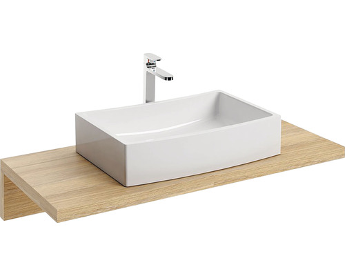 Umývadlo na dosku s batériou na drevenej polici