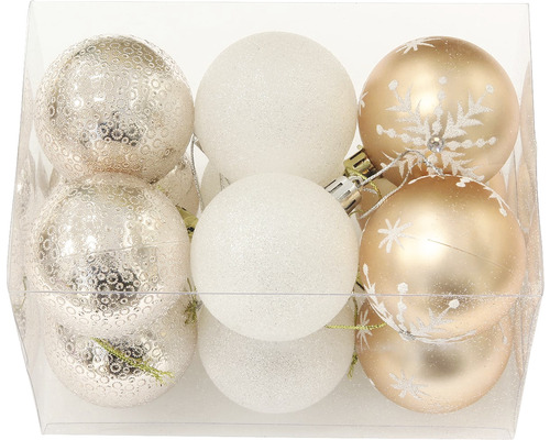 Vianočné ozdoby plastové gule Ø6 cm 12 ks champagne Rôzne vianočné gule v sade