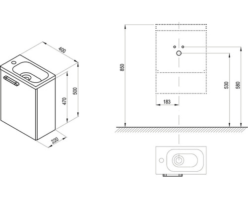 Technický nákres skrinky pod umývadlo s rozmermi