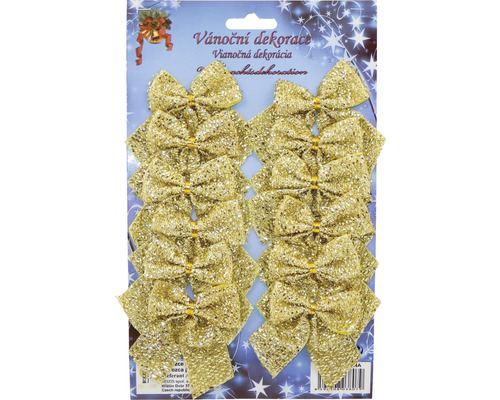 Mašle látkové s pozlátkom 7 cm 12 ks zlaté Balenie desiatich zlatých mašlí na vianočnú dekoráciu