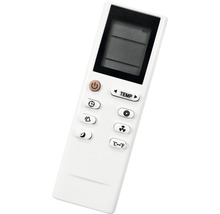 Biele diaľkové ovládanie klimatizácie s LCD displejom a rôznymi tlačidlami na ovládanie teploty a ďalších funkcií.