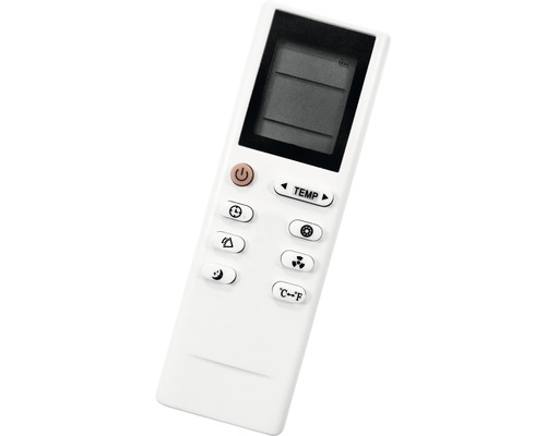 Biele diaľkové ovládanie klimatizácie s LCD displejom a rôznymi tlačidlami na ovládanie teploty a ďalších funkcií.