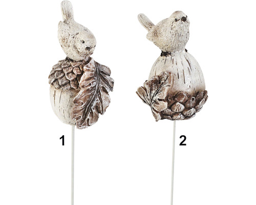 Vtáčik zápich polyresin 8,5/19 cm mix Dva záhradné kolíky s vtákom a listami na základni