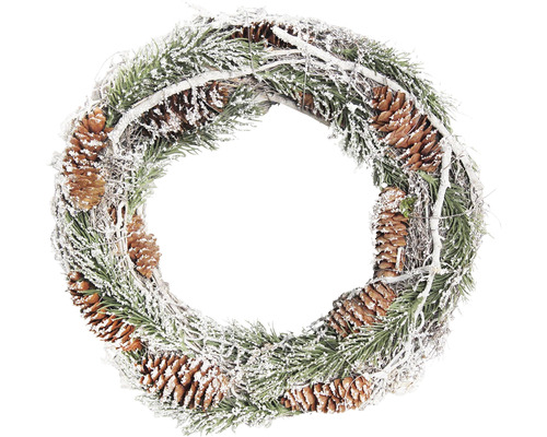 Dekoratívny vianočný veniec s jedľovými konármi a šiškami