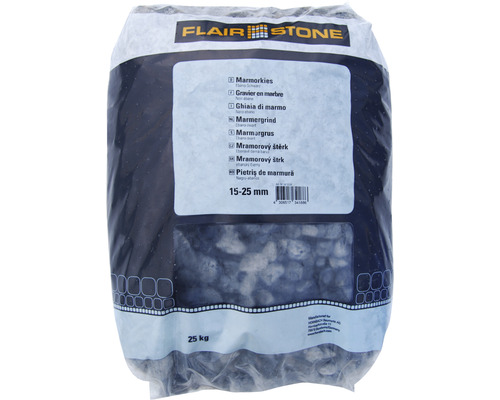 Štrk mramorový Flairstone 15–25 mm ebenovo čierny balenie 25 kg Balenie mramorového štrku s veľkosťou 15 až 25 milimetrov