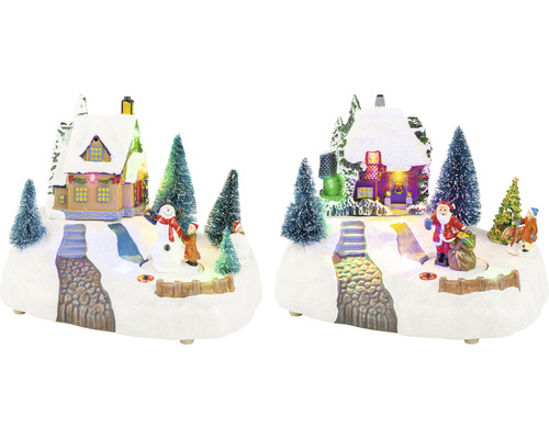 LED scenéria Dekoratívna vianočná krajina s domom, snehuliakom, stromami a Santa Clausom