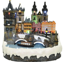 Osvetlené miniatúrne zimné mesto s mostom a loďou ako dekorácia