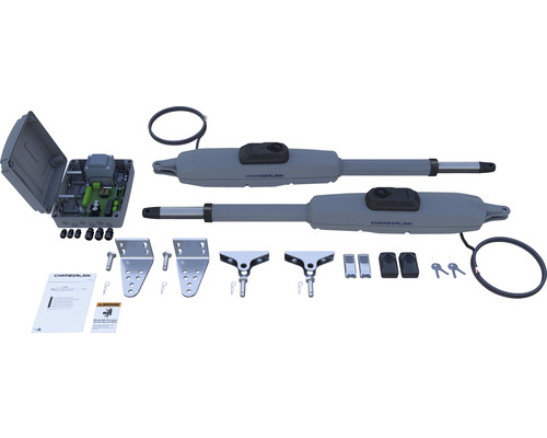 Sada pohonu krídlovej brány Chamberlain s riadením, dvoma pohonmi, ručnými vysielačmi a montážnym príslušenstvom