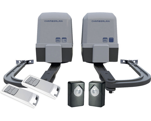 Dva pohony garážových brán Chamberlain s dvoma ručnými vysielačmi a svetelnými závorami