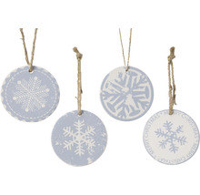 Štyri vianočné ozdoby so vzorom snehových vločiek a šnúrkou na zavesenie