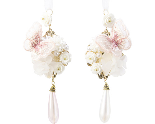 Dva ozdobné závesy s kvetmi, motýľom a príveskom v tvare kvapky