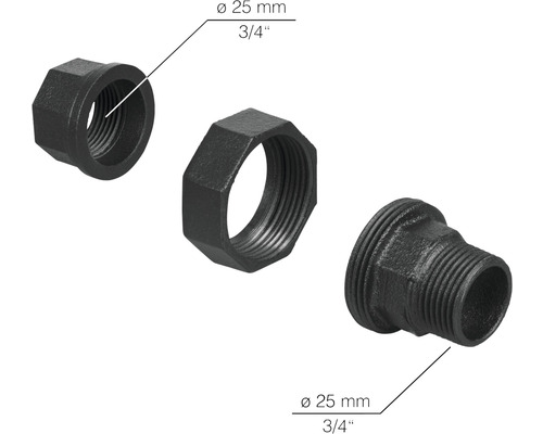 Tri tvarovky z temperovanej liatiny s priemerom 25 mm a palcovou hodnotou 3/4.