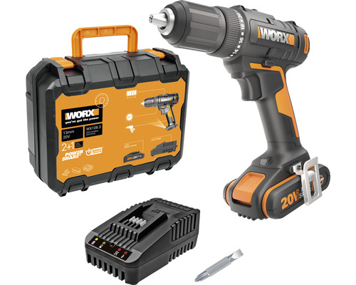 Aku vŕtací skrutkovač Worx WX108.3, 20V, vrátane akumulátora (2,5 Ah) a nabíjačky Sada akumulátorového vŕtacieho skrutkovača s akumulátorom, nabíjačkou, bitom a kufríkom