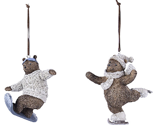Medveď závesný, rôzne druhy Dve figúrky medveďov ako ozdoby na stromček: jeden medveď na snowboarde a jeden korčuľujúci sa medveď