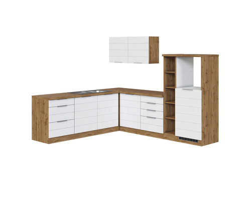 Rohová kuchyňa s bielymi zásuvkami a závesnou skrinkou