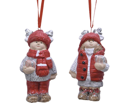 Dieťa závesné terakota Dve vianočné ozdobné figúrky s červeným oblečením a pútkom na zavesenie