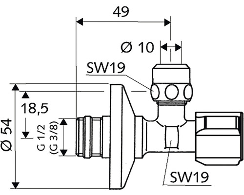 Technický nákres rohového regulačného ventilu s rozmermi