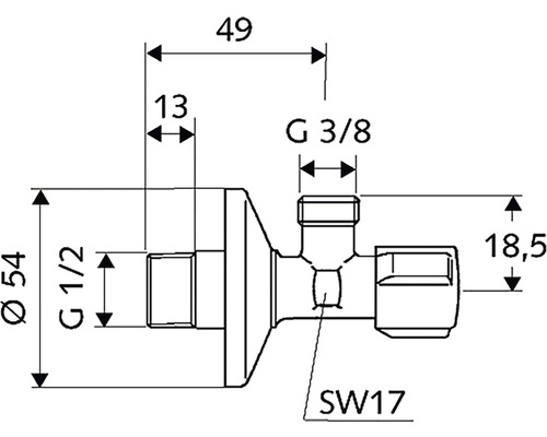 Technický nákres rohového regulačného ventilu s rozmermi