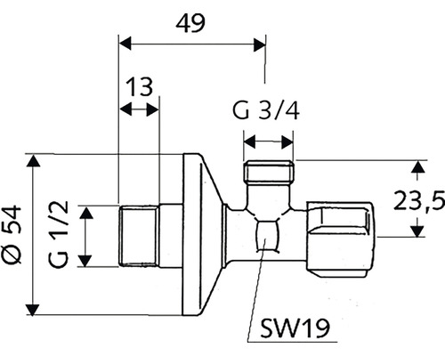 Technický nákres rohového regulačného ventilu s rozmermi