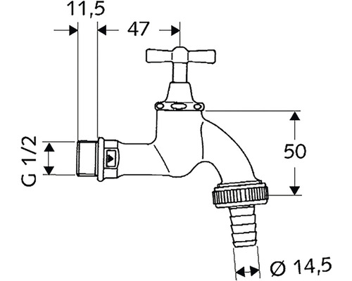 Technický nákres vodovodnej armatúry s rozmermi
