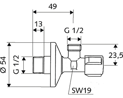 Technický nákres rohového regulačného ventilu s rozmermi