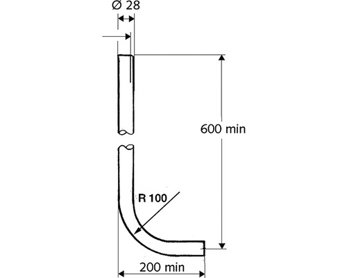 Technický nákres potrubného kolena s rozmermi