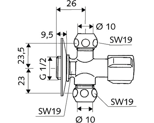 Technický nákres rohového regulačného ventilu s rozmermi