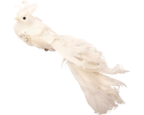Dekorácia vtáčik biely 23 cm Dekoratívny vták s perím na vianočnú dekoráciu