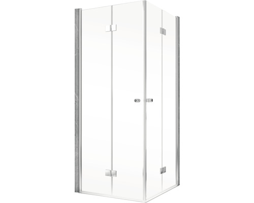 Rohová sprcha s čírymi sklenenými stenami a strieborným kovaním