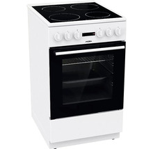 Biely voľne stojaci sporák so sklokeramickou varnou doskou a rúrou značky Mora