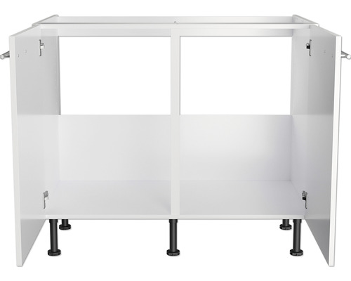 Biela skrinka pod umývadlo s čiernymi nožičkami.