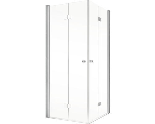 Rohová sprcha s čírymi sklenenými stenami a strieborným kovaním