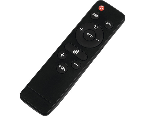 Čierne diaľkové ovládanie s niekoľkými tlačidlami.