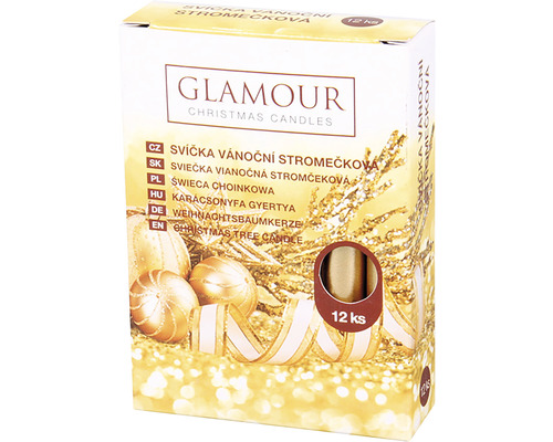 Sviečka stromčeková 10 x 1,2 cm 12 ks metalická zlatá Balenie dvanástich sviečok na vianočný stromček