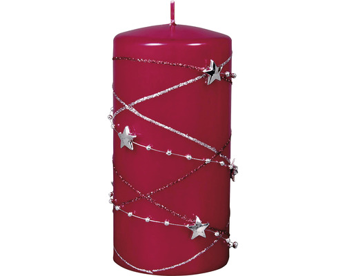 Vianočná sviečka valec GIRLANDA Ø7 x 14 cm bordó Dekoračná sviečka s hviezdnymi aplikáciami