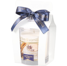 Vonná sviečka káva a vanilka v pohári so stuhou