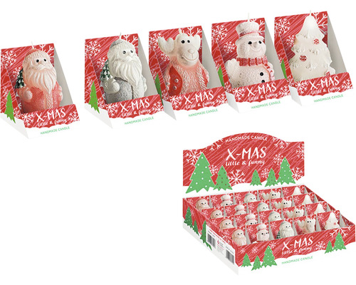 Vianočná sviečka figúrky 7,5 cm 5 g, rôzne druhy Dekoratívne vianočné sviečky v rôznych tvaroch: Santa Claus, snehuliak, los a vianočný stromček