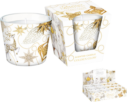 Vianočná vonná sviečka v skle GLAMOUR CHRISTMAS - GOLDEN GLOW 115 g Vonná sviečka Golden Glow s vianočným motívom a balením