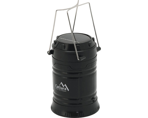 Čierna kempingová lampa so solárnym panelom a kovovou rukoväťou