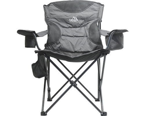 Sivá kempingová stolička s podrúčkami a držiakom na nápoje
