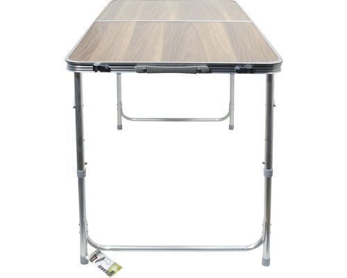 Skladací stôl s dreveným vzhľadom a hliníkovým rámom