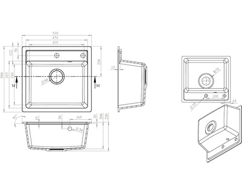 Technický nákres umývadla s rozmermi
