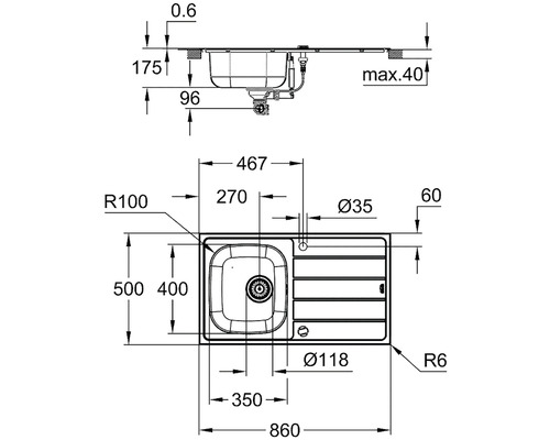 Technický nákres drezu s rozmermi