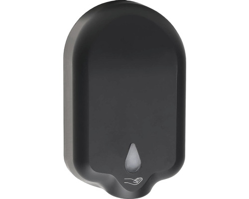 Čierny dávkovač dezinfekcie na stenu s indikátorom kvapky a symbolom ruky