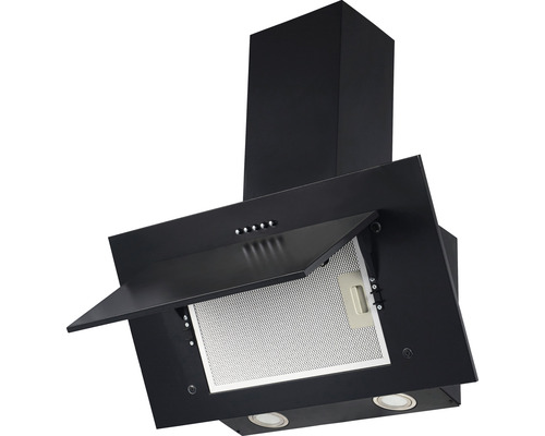 Čierny odsávač pár s otvoreným predným krytom a kovovým tukovým filtrom