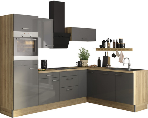 Rohová kuchyňa Optifit Jonte984 270 cm farba čela antracitová lesk farba korpusu dub divý matný Rohová kuchyňa Optifit Jonte984 270 cm farba čela antracitová lesk farba korpusu dub divý matný