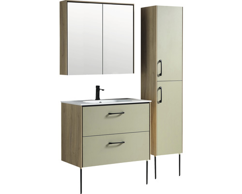 Súprava kúpeľňového nábytku s umývadlovou skrinkou, zrkadlovou skrinkou a vysokou skrinkou