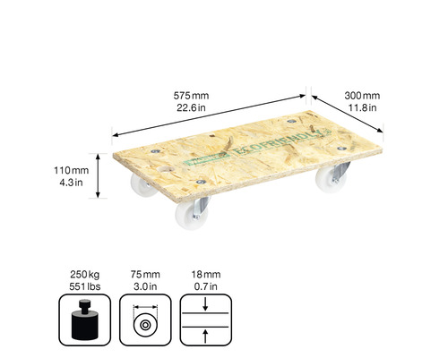 Drevená rolba s rozmermi 575 x 300 x 110 mm s maximálnou nosnosťou 250 kg