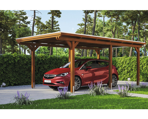 Prístrešok na auto SKAN HOLZ Emsland vr. EPDM membrány, kotiev na stĺpiky, 354 x 604 cm orech Auto pod dreveným prístreškom s plochou strechou