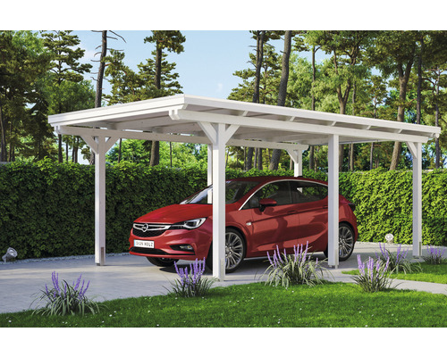 Prístrešok na auto SKAN HOLZ Emsland vr. EPDM membrány a kotiev, 354 x 604 cm, biely Scéna s bielym dreveným prístreškom pre auto a autom na spevnenej ploche.